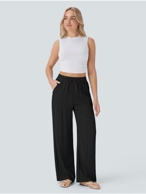 Halara Wide Leg Pants Large Tall NWT Black High Waisted Drawstring Pocket Casual